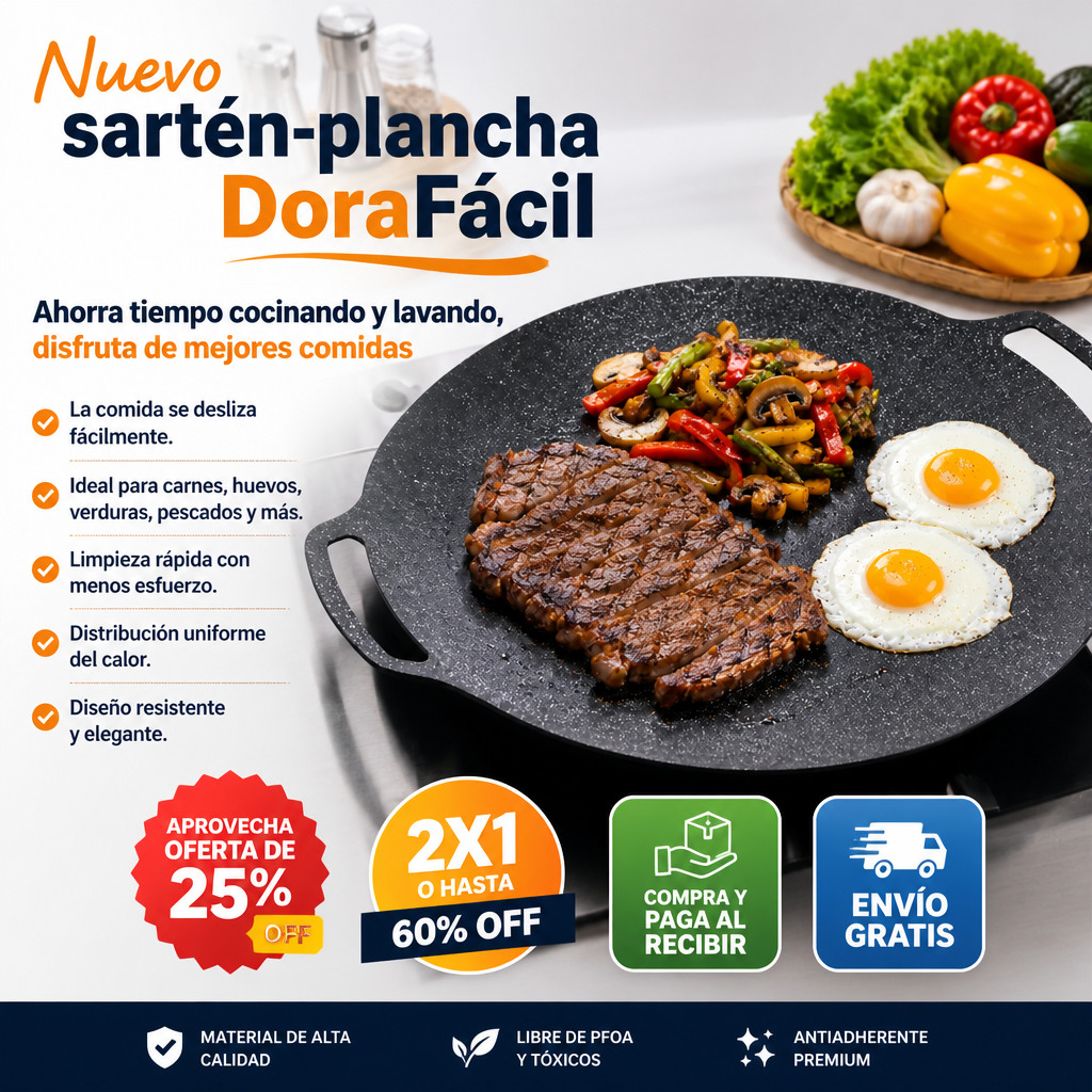 DoraFácil - Plancha/Sartén Calienta rápido, se limpia en segundos